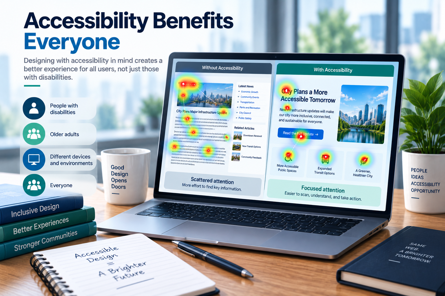 Comparison of two webpage designs with eye-tracking heatmaps. A dense layout shows attention scattered across the page, while a clearer accessible layout shows attention concentrated on the heading, primary action, and organized content.