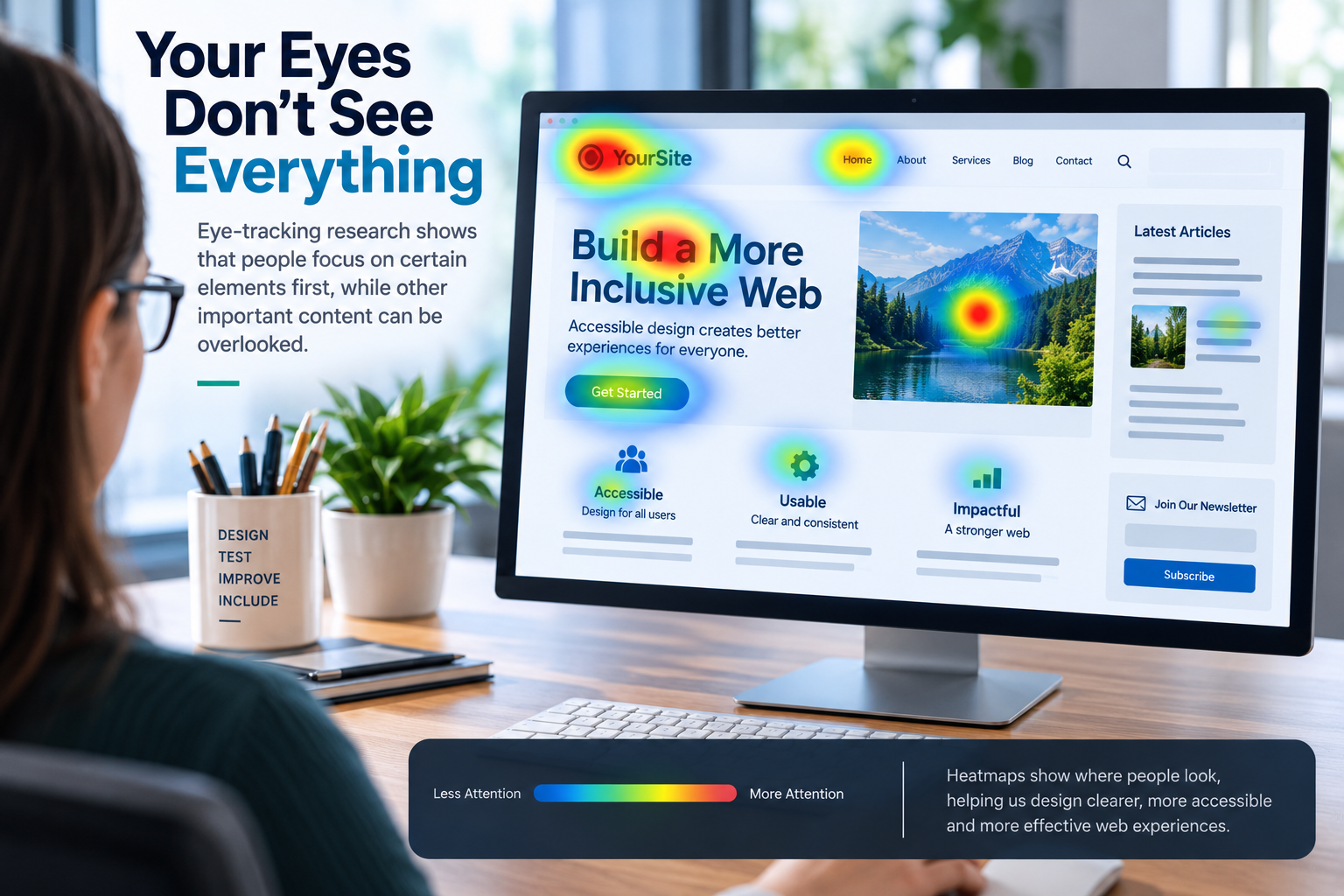 Eye-tracking visualization of a webpage showing colored heatmap hotspots across navigation, headings, images, buttons, and other content to illustrate where a user's visual attention is concentrated.
