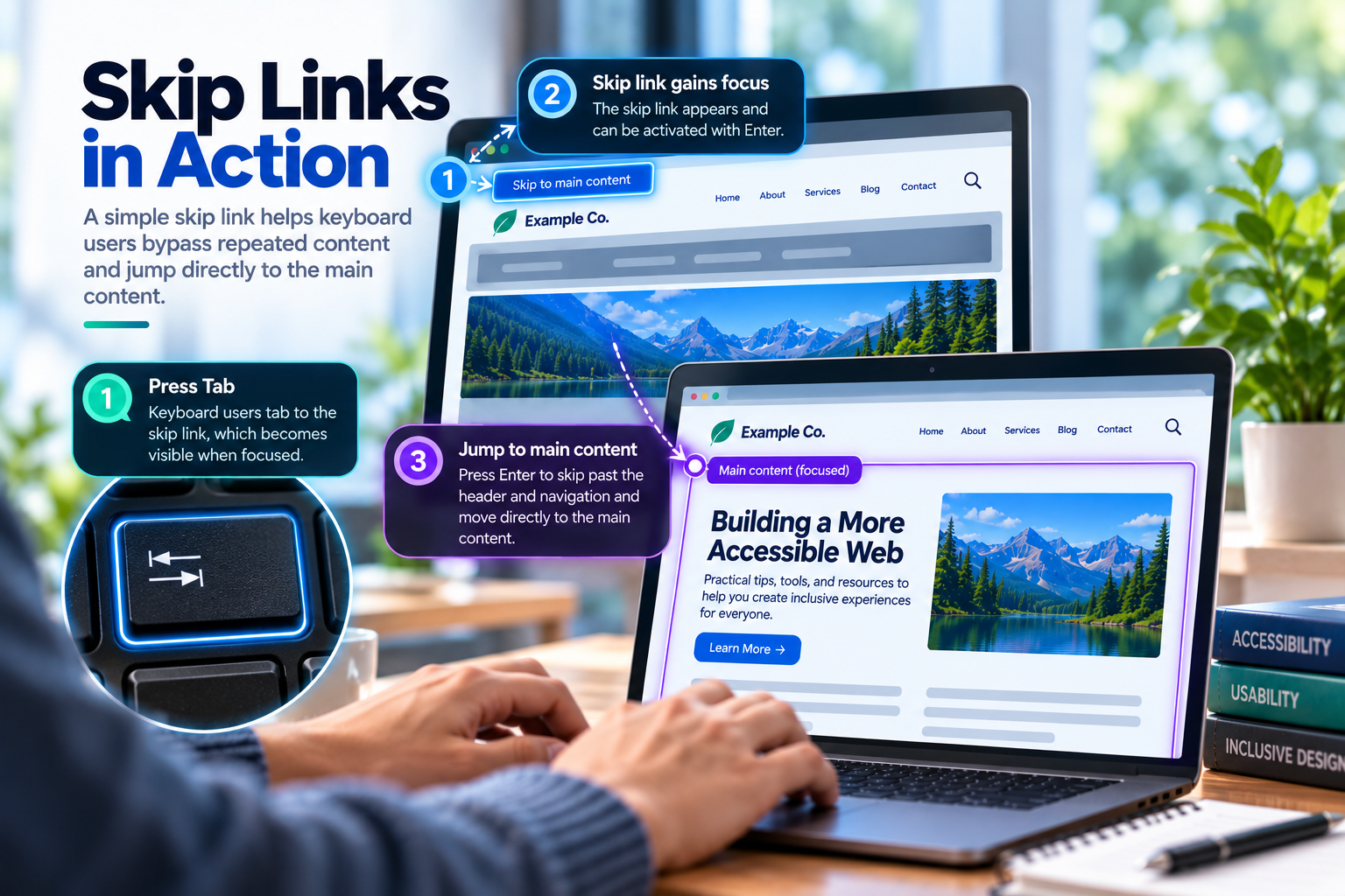 Three-step illustration showing keyboard use of a skip link: pressing Tab reveals “Skip to main content,” activating the link bypasses the header and navigation, and focus moves to the page’s main content.
