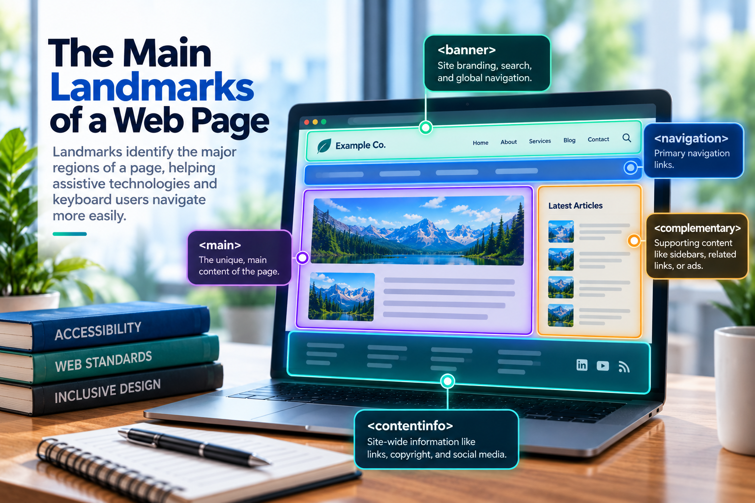 Diagram of a webpage identifying its major landmarks: banner for site branding, navigation for primary links, main for unique page content, complementary for supporting content, and contentinfo for site-wide footer information.