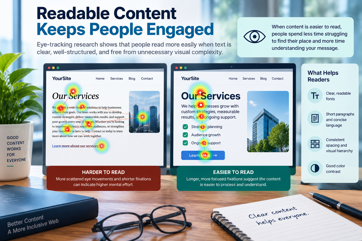 Side-by-side eye-tracking comparison of harder-to-read and easier-to-read webpages. The dense layout shows scattered gaze points across a long block of text, while the clearer layout shows a more focused path through a heading, short paragraphs, list items, and a button.