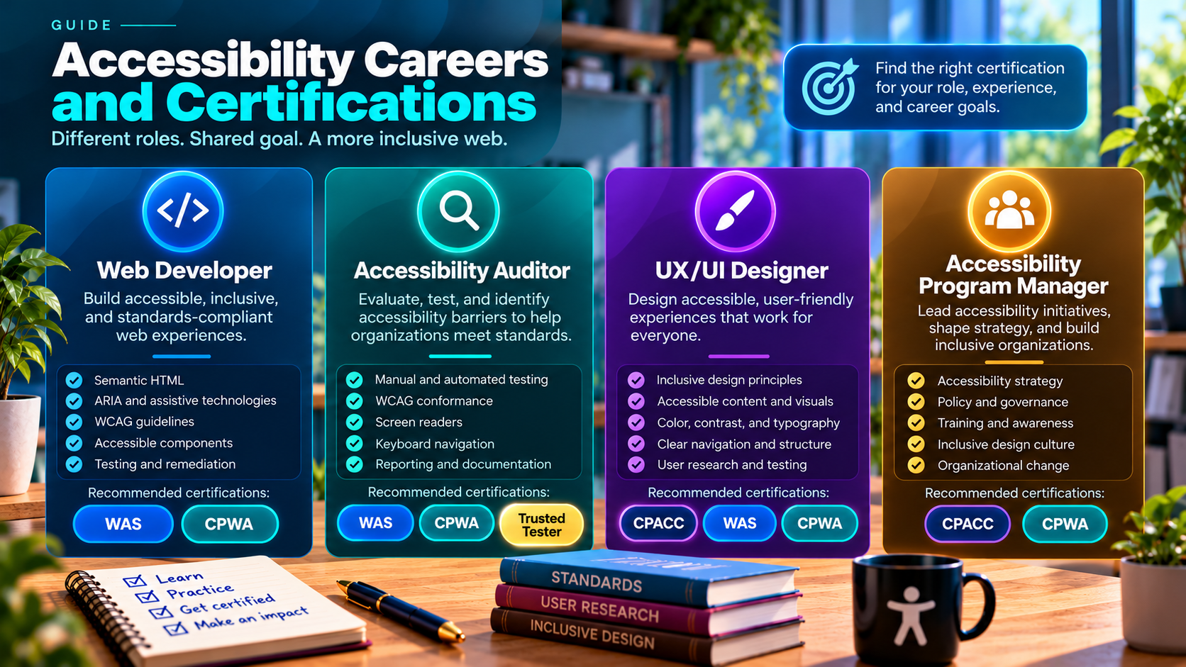 Infographic comparing four web accessibility career paths: Web Developer, Accessibility Auditor, UX/UI Designer, and Accessibility Program Manager. Each color-coded panel highlights essential skills and recommended certifications, including CPACC, WAS, CPWA, and DHS Trusted Tester.