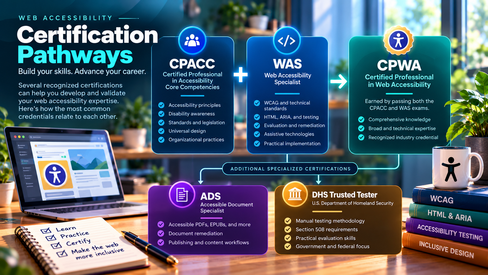 Infographic illustrating web accessibility certification pathways. IAAP's CPACC and WAS credentials combine to earn CPWA, while Accessible Document Specialist (ADS) and DHS Trusted Tester are presented as separate specialized certifications.