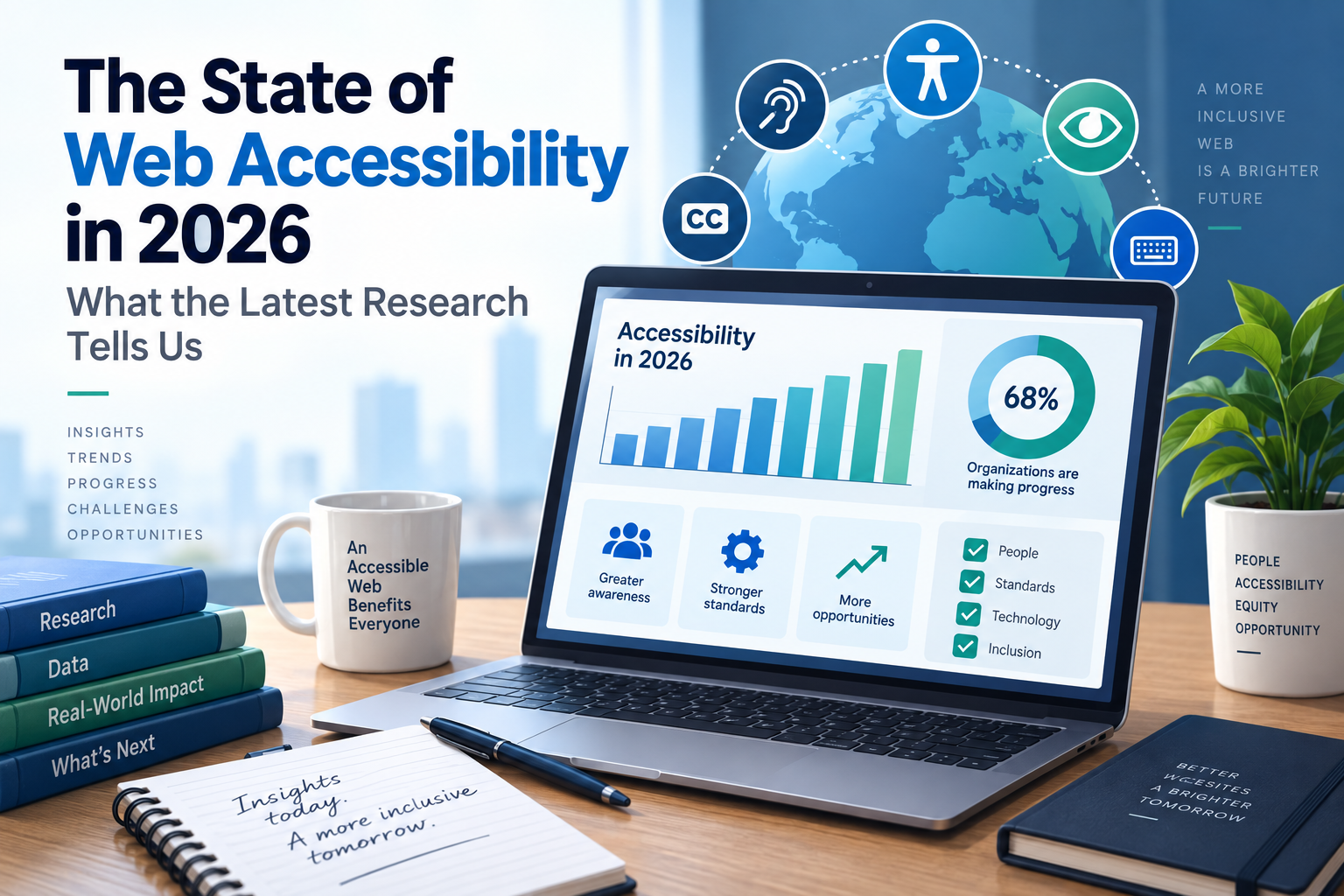Illustration of a laptop displaying accessibility research charts, surrounded by icons representing hearing, vision, captions, keyboard access, and universal accessibility. The image accompanies an article about web accessibility research in 2026.