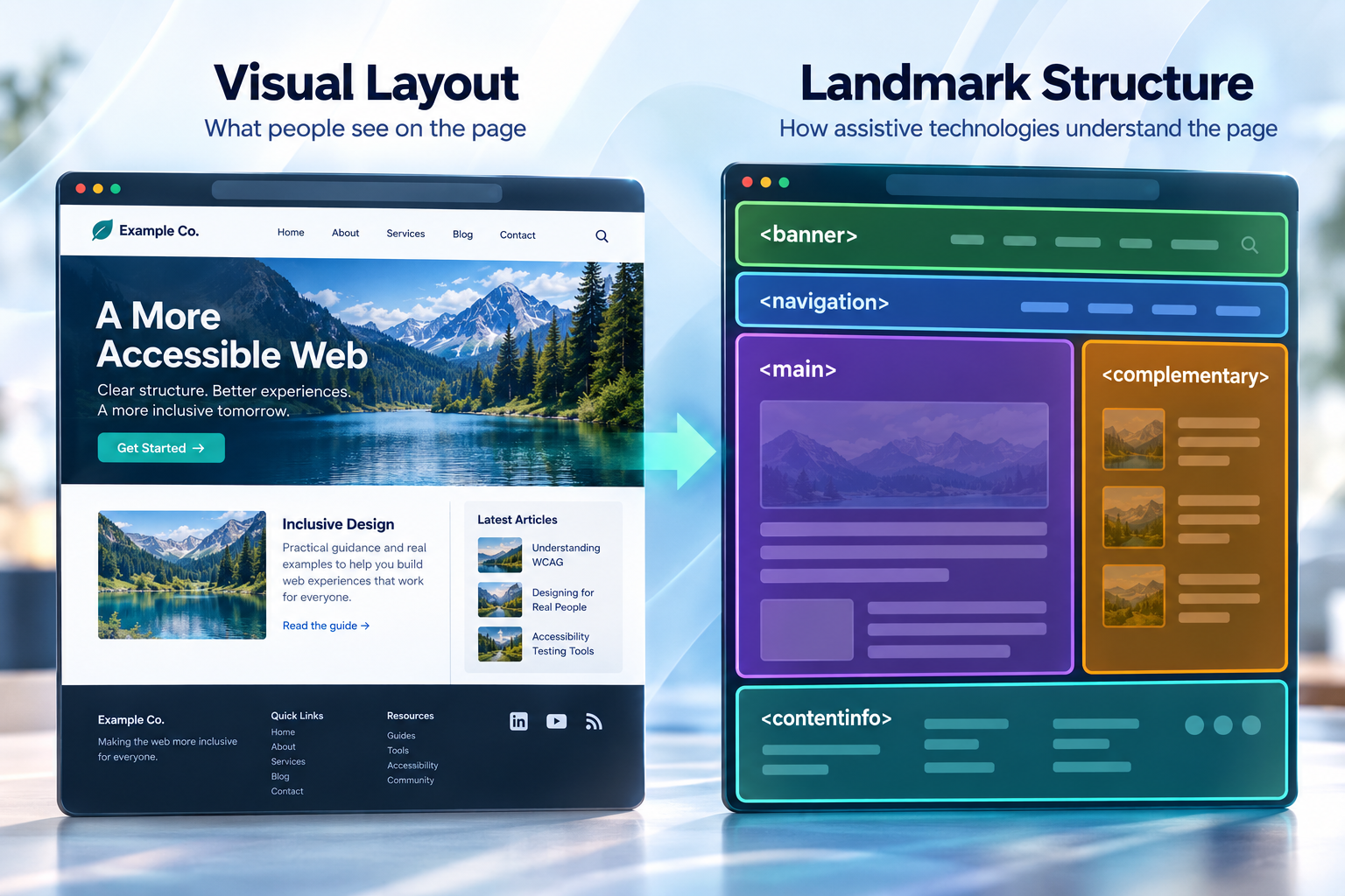 Side-by-side comparison of a visual webpage and its landmark structure, showing how header, navigation, main content, sidebar, and footer correspond to banner, navigation, main, complementary, and contentinfo landmarks.
