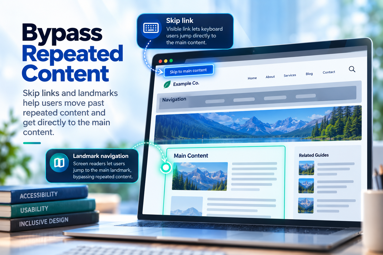 Illustration showing two ways to bypass repeated webpage content: a skip link for keyboard users and landmark navigation for screen reader users, both providing direct access to the main content.