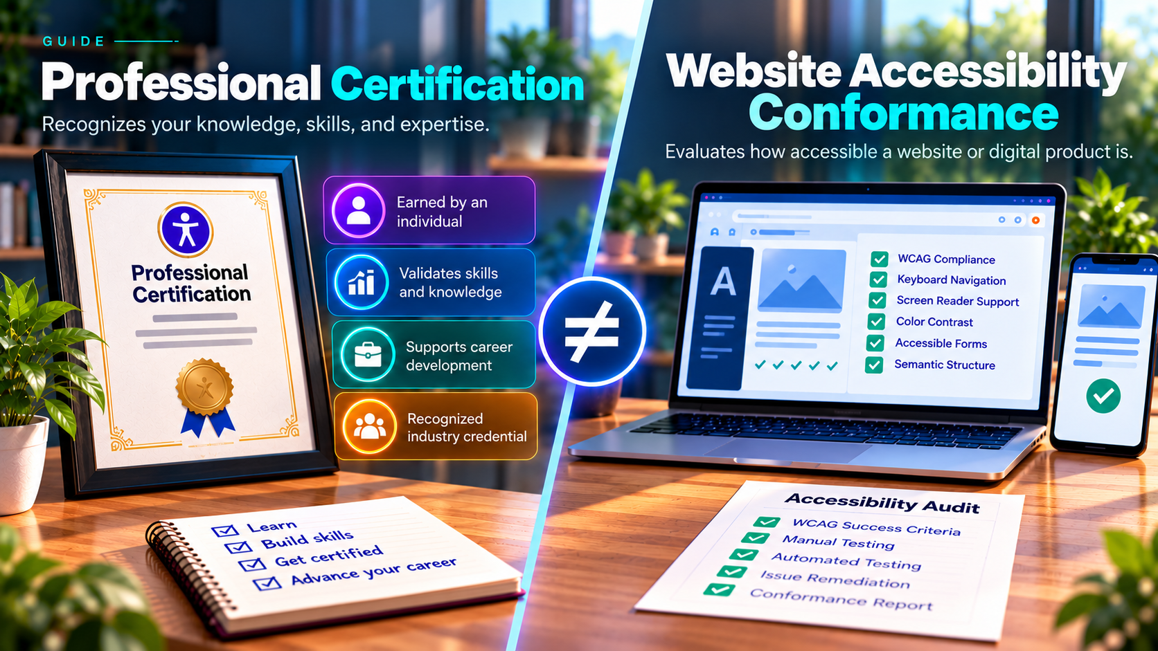 Split infographic comparing professional accessibility certification with website accessibility conformance. The left shows an individual certification, professional development benefits, and a learning checklist. The right shows a website accessibility evaluation with WCAG checks, keyboard navigation, screen reader support, and an accessibility audit.