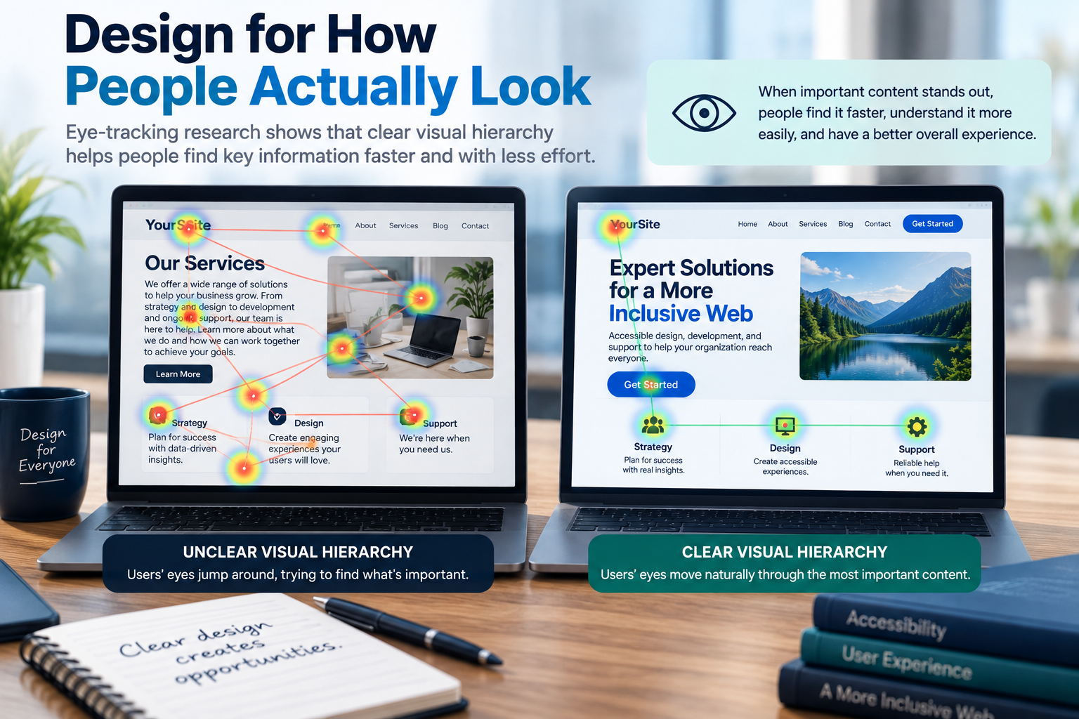 Side-by-side eye-tracking comparison of webpages with unclear and clear visual hierarchy. The unclear design shows a scattered gaze path across competing elements, while the clear design guides attention through the heading, call to action, and primary content.