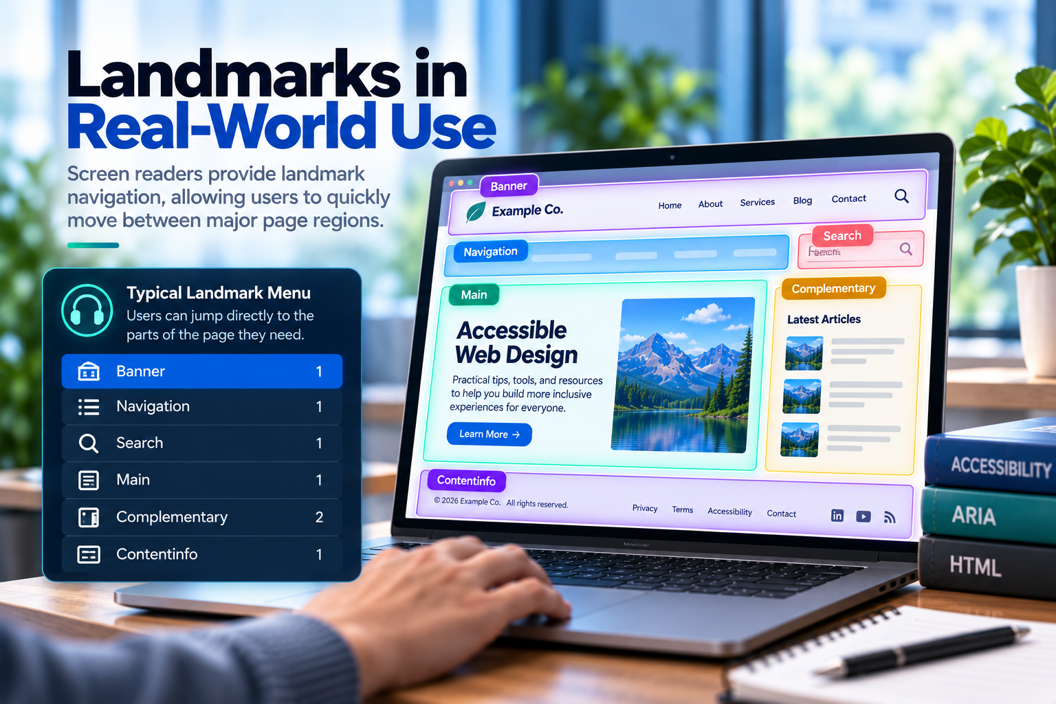 Screen reader landmark menu beside a webpage with its banner, navigation, search, main, complementary, and contentinfo regions highlighted, illustrating how users can navigate directly between major page areas.