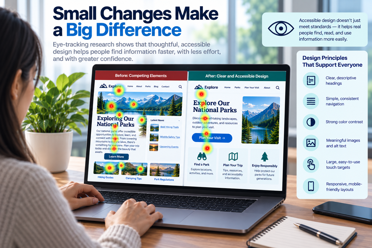 Side-by-side webpage comparison with eye-tracking heatmaps. The cluttered design shows attention scattered across competing elements, while the clearer design shows a more direct visual path through the heading, primary action, and organized content.