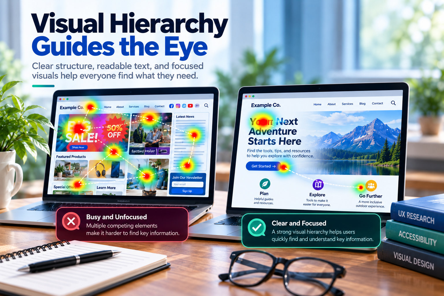 Side-by-side webpages comparing a cluttered layout with many competing visual elements against a clear layout with a strong visual hierarchy and focused path through the content.