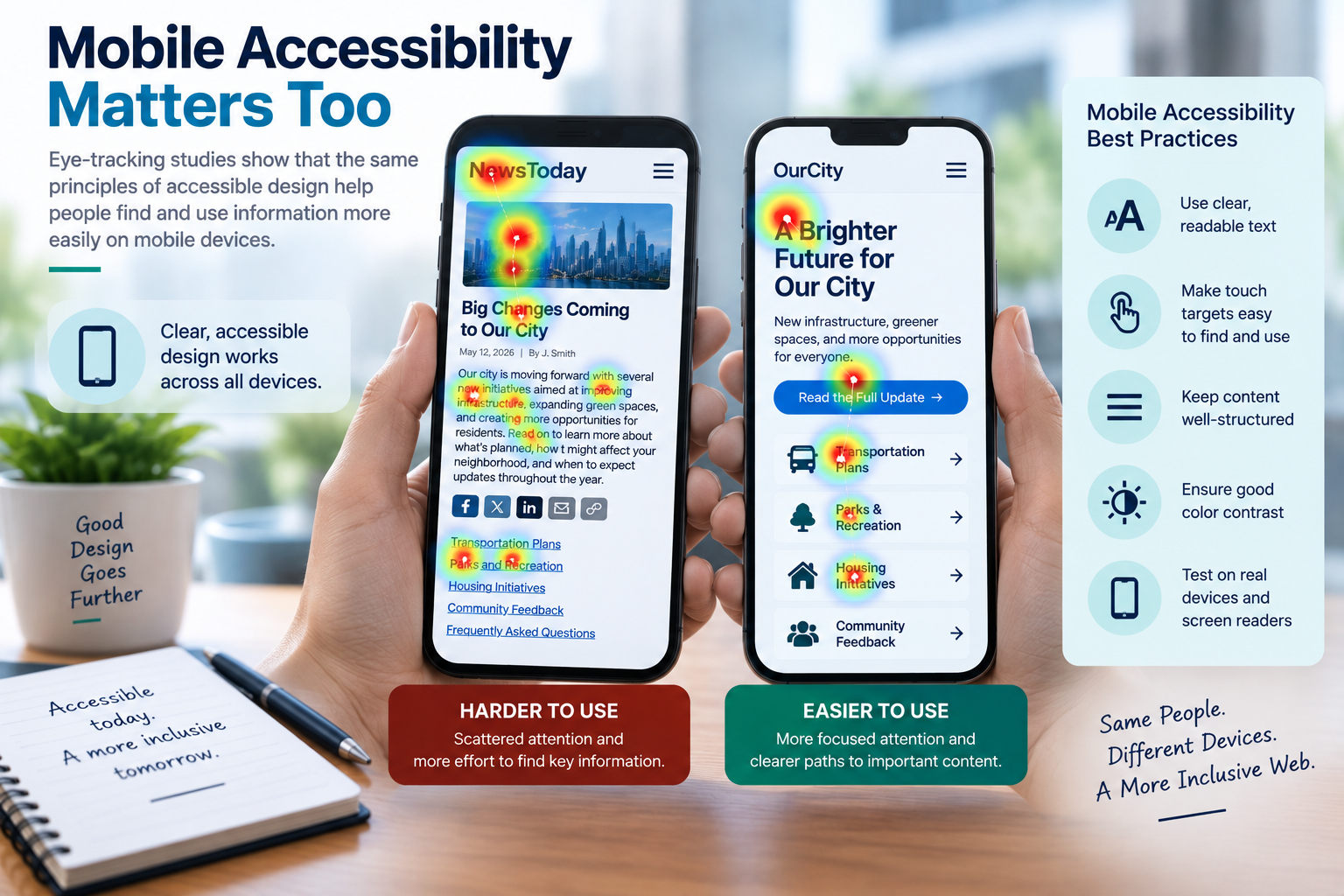 Two mobile webpages shown with eye-tracking heatmaps. The denser design has attention scattered across navigation, text, links, and images, while the simpler design concentrates attention around the heading, primary button, and organized navigation options.